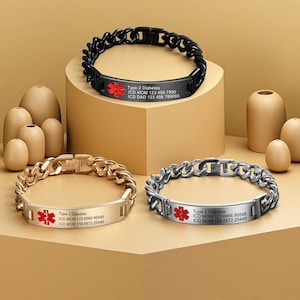 Customized Medical Alert Bracelet for Diabetes Patient,Secure Health Information and Emergency ID Tag for Men and Women,Personalized Jewelry