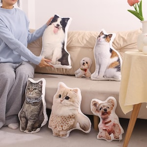 May include: A collection of plush pillows shaped like various pets, including dogs and cats. The pillows feature realistic images of a Border Collie, a calico cat, a tabby cat, a fluffy cat, a Yorkie, and a small dog with a red collar. The pillows are on a beige couch.