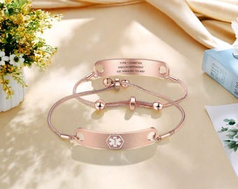 Rose Gold Plated Women’s Medical Alert Bracelet: Engraved Adjustable,ID Jewelry,Epilepsy, Allergies,Diabetes Patients,ICE Medical
