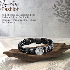 Customized Photo Bracelet for Men - Personalized Leather Wrap Beaded Bracelet with Engraved Name and Picture, Ideal Gift for Dad and Husband