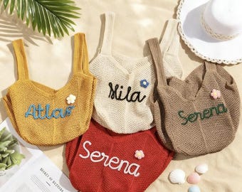 Personalized Knitted Beach Tote, Custom Name Tote Bag for Girls, Christmas Gift for Niece Granddaughter Daughter, Vacation Gift Bag