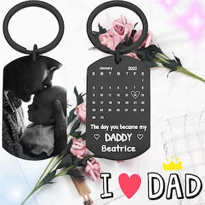 May include: Two black keychains. One features a black and white photo of a person kissing a baby. The other has a calendar for January 2022, with a heart on the 14th, and the text "The day you became my DADDY Beatrice".
