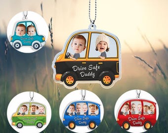 Colgante de coche con foto de bebé personalizado, llavero de avatar de acrílico, recordatorio de conducción segura para papá (mamá, papá, abuelo, abuela) - Accesorios de regalo
