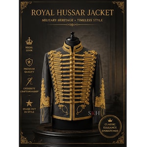 May include: A dark gray Royal Hussar jacket with gold embellishments, displayed on a mannequin. The jacket features intricate gold embroidery, multiple rows of gold buttons, and the text "ROYAL HUSSAR JACKET". The image also includes text that reads "MILITARY HERITAGE • TIMELESS STYLE".