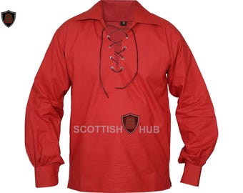 Men's Red Jacobite Ghillie Shirt: Scottish Highland Kilt Renaissance Top