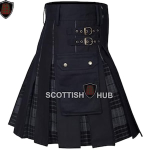 Men&#39;s Hybrid Kilt - Custom Black Cotton Kilt with Tartan Pleats & Cargo Pockets - Handmade Scottish Kilt, for Festivals, Highland Wear, Gift