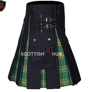 Men&#39;s Hybrid Kilt - Custom Black Cotton Kilt with Tartan Pleats & Cargo Pockets - Handmade Scottish Kilt, for Festivals, Highland Wear, Gift