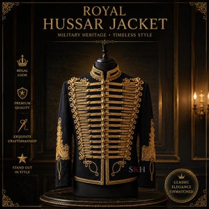 May include: A black Royal Hussar jacket with gold embroidery, displayed on a mannequin. The jacket features intricate gold detailing across the front, shoulders, and cuffs. Text on the image reads "Royal Hussar Jacket, Military Heritage, Timeless Style."