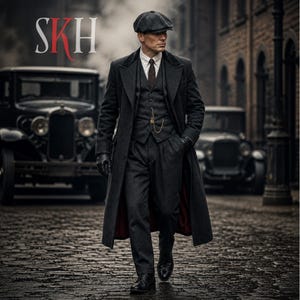 Peut inclure: Un homme en costume gris foncé, manteau et casquette marche dans une rue pavée. Le manteau a une doublure rouge. L'image comprend deux voitures anciennes et les lettres "SKH" en rouge et blanc.