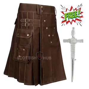 Handmade Brown Cotton Utility Kilt: Tactical Cargo Work Kilt
