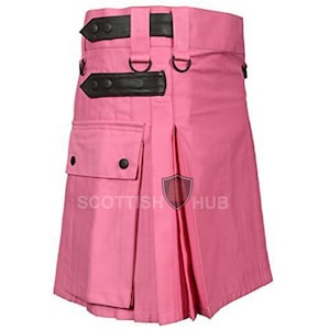 Pink Utility Kilt: Men&#39;s Scottish Cotton Work Kilt with Leather Straps