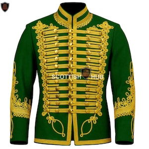 Men&#39;s Green Wool Hussar Jacket: Military Steampunk Tunic