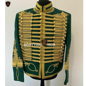 Men&#39;s Green Wool Hussar Jacket: Military Steampunk Tunic