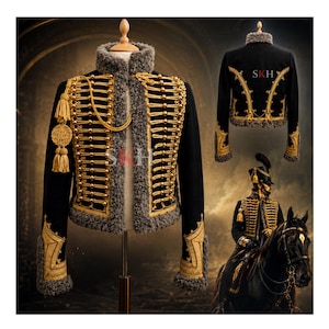 May include: Black military-style jacket with gold trim and accents, displayed on a mannequin. The jacket features a high collar, gold buttons, and decorative gold tassels. The image also shows a rear view of the jacket and a person on a horse wearing a similar jacket.