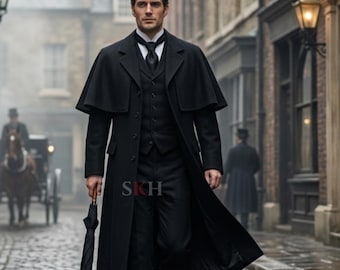 Trench personalizzato, cappotto Inverness, cappotto vittoriano stile Sherlock Holmes, cappotto lungo in lana nera, frac invernale da uomo