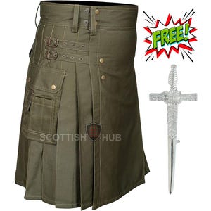 Handmade Olive Green Cotton Utility Kilt: Tactical Cargo, Adjustable Fit
