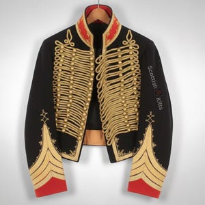 May include: A black military jacket with gold detailing and red trim. The jacket has elaborate gold braid, decorative buttons, and the text "Scottish Kilts" on the sleeve. The collar and cuffs are red.