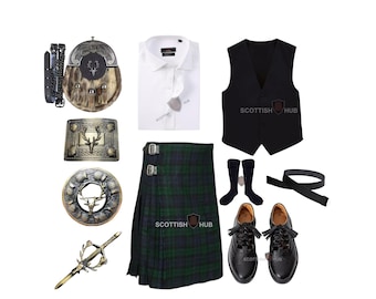 Scottish Men’s Complete Kilt Outfit Set – 10 PCS Traditional Kilt Set with Vest – Custom Wedding Highland Dress - Bagpiper kilt outfit
