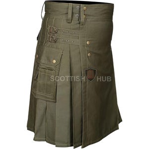 Handmade Olive Green Utility Kilt: Men&#39;s Tactical Cotton Cargo Kilt
