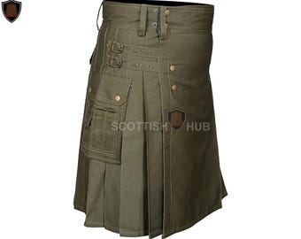 Handmade Olive Green Utility Kilt: Men's Tactical Cotton Cargo Kilt