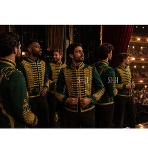 May include: A group of people wearing dark green jackets with gold trim and black pants. The jackets have multiple rows of gold braid and ornate gold detailing on the sleeves. The background includes a stage and an audience.