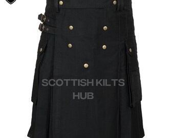 NORTH EDGE Kilt Scozzese Da Uomo In Cotone Nero, Due Tasche Cargo Con - Foto 6