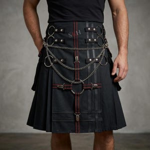 Może przedstawiać: Czarny kilt z pionowymi czerwonymi przeszyciami, srebrnymi metalowymi okuciami i kilkoma ozdobnymi łańcuszkami udrapowanymi z przodu. Odzież posiada zintegrowane paski, metalowe kółka i kieszenie boczne, z nadrukowanymi na czerwono literami SH.