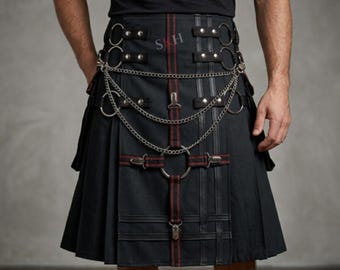 Modern Black Gothic Fashion Kilt For Men, Active Men Scottish Comfortable Cotton Utility Kilt With Chains, Punk Kilt With Cargo Pockets