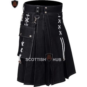 Men&#39;s Black Hybrid Utility Kilt: Handmade Highland Wear with Detachable Pockets