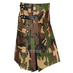 Handmade Camouflage Utility Kilt: Men&#39;s Tactical Cargo Kilt with Leather Straps