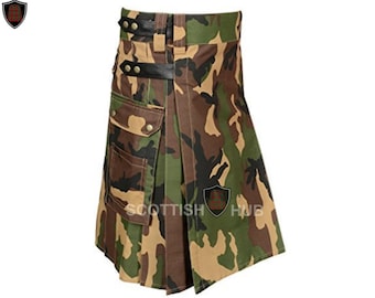 Könnte beinhalten: Tarnkilt mit braunem, grünem und beigem Muster. Der Kilt hat zwei Taschen, schwarze Lederriemen und den Text "SCOTTISH HUB".