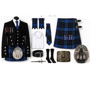 May include: A complete Scottish kilt outfit in black and blue plaid. The ensemble includes a jacket, vest, kilt, shirt, tie, belt, socks, sporran, buckle, and sgian-dubh. The kilt and jacket feature the letters "SKH".