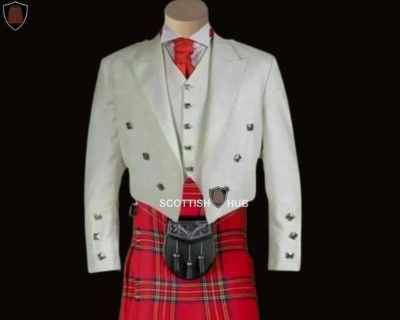Men White Tartan Kilt New White Prince Charlie Jacket Men's