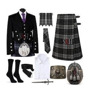 May include: A complete Scottish kilt outfit, featuring a black jacket, vest, kilt, tie, and accessories. The kilt is gray and black plaid. Accessories include a sporran, belt, socks, and a decorative buckle. A white dress shirt and a small sword are also included.