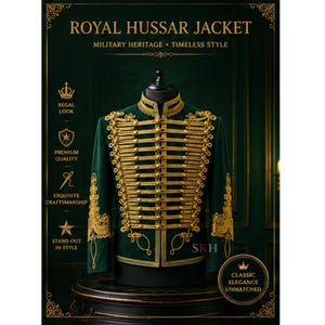 May include: A dark green Royal Hussar jacket with gold-colored embellishments. The jacket features intricate gold braid and buttons, with the text "ROYAL HUSSAR JACKET" at the top. The jacket is displayed on a black mannequin.