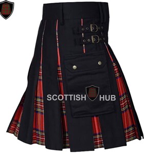Men&#39;s Hybrid Kilt - Custom Black Cotton Kilt with Tartan Pleats & Cargo Pockets - Handmade Scottish Kilt, for Festivals, Highland Wear, Gift