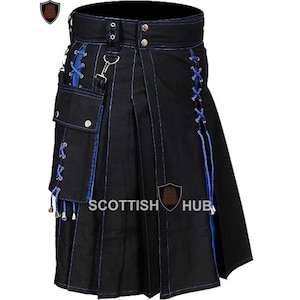Men&#39;s Black Hybrid Utility Kilt: Handmade Highland Wear with Blue Lacing