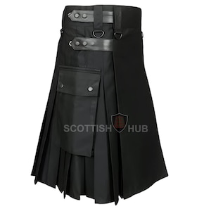 Handmade Black Cotton Utility Kilt: Tactical Cargo Pockets, Leather Straps