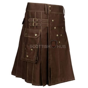 Handmade Brown Cotton Utility Kilt: Scottish Tactical Cargo Kilt