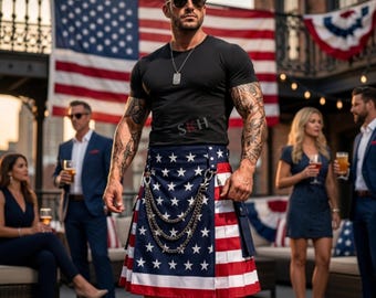 USA Flag Gothic Kilt With Chains Patriotic American Flag Kilt for Men, Personalized Utility Style Handmade 4th of July  American flag skirt