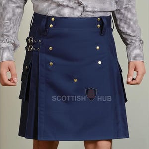 Navy Blue Scottish Utility Kilt for Men – Handmade Cotton Work Kilt with Pockets – Tactical Cargo Kilt – Adjustable Heavy-Duty Custom Kilt