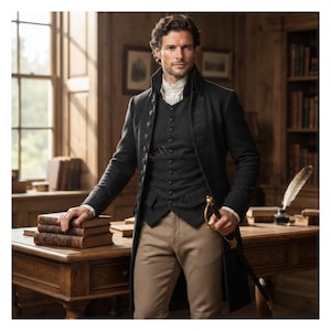 May include: A charcoal grey wool frock coat worn over a matching button-up waistcoat, a white collared shirt, and tan trousers. The attire features a structured silhouette with dark buttons, paired with a sword held in one hand and books on a desk.