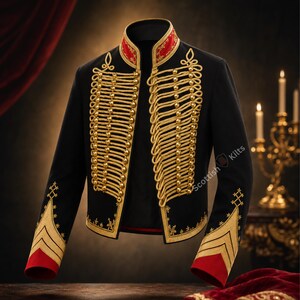 May include: A black jacket with gold embellishments and red accents. The jacket features gold rope detailing, gold buttons, and gold embroidery on the sleeves. The collar and cuffs are red. The jacket is a formal style.