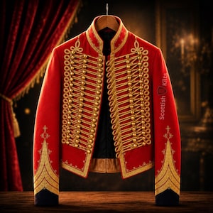 May include: A red military-style jacket with gold embellishments, including rows of gold buttons and decorative trim. The jacket has a high collar and is displayed on a wooden hanger. The sleeves have black cuffs with gold accents. The jacket is from Scottish Kilts.