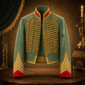 May include: A green military-style jacket with gold embellishments and red accents. The jacket features rows of gold braid, decorative gold buttons, and ornate embroidery on the sleeves. The collar and cuffs are red. The jacket is displayed on a wooden surface.