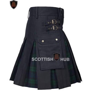 Men&#39;s Hybrid Kilt - Custom Black Cotton Kilt with Tartan Pleats & Cargo Pockets - Handmade Scottish Kilt, for Festivals, Highland Wear, Gift