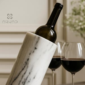 Handmade White Marble Wine Holder - Solid Natural Stone Bottle Chiller & Utensil Organizer - Unique Housewarming Gift