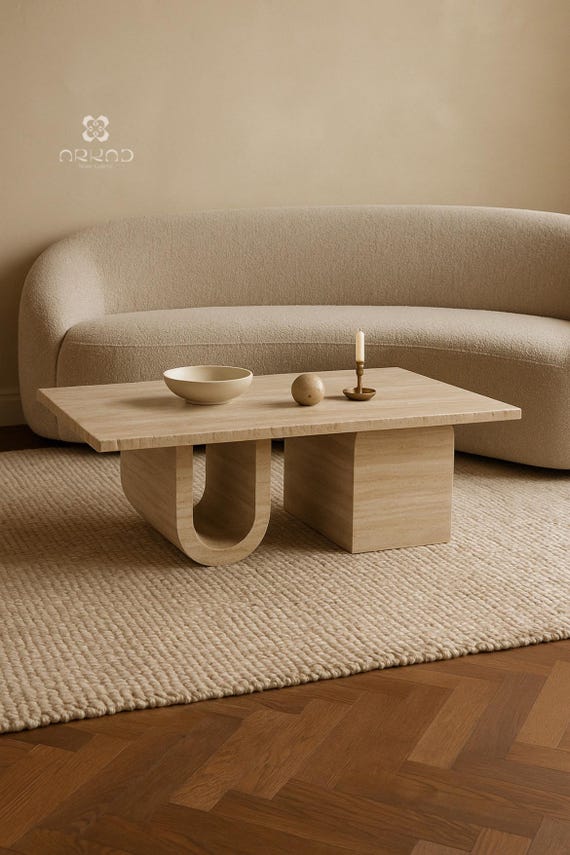 Coffee Table - Beige Travertine – Natural Stone Centerpiece – Handcrafted Minimalist Living Room Furniture - Fully sustainable material