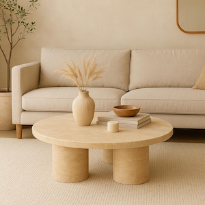 Round Coffee Table - Beige Travertine – Natural Stone Centerpiece – Handcrafted Minimalist Living Room Furniture
