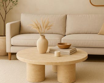 Round Coffee Table - Beige Travertine – Natural Stone Centerpiece – Handcrafted Minimalist Living Room Furniture